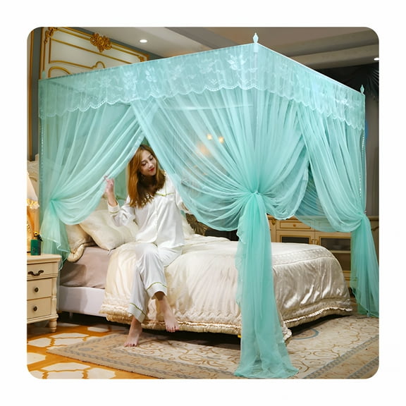 AUQ 4 Corners Post Ruffle Canopy Bed Curtains for Girls Kids Adults - Cute Cozy Drape Square Netting - 3 Opening Mesh Net Canopy - Princess Bedroom Decoration