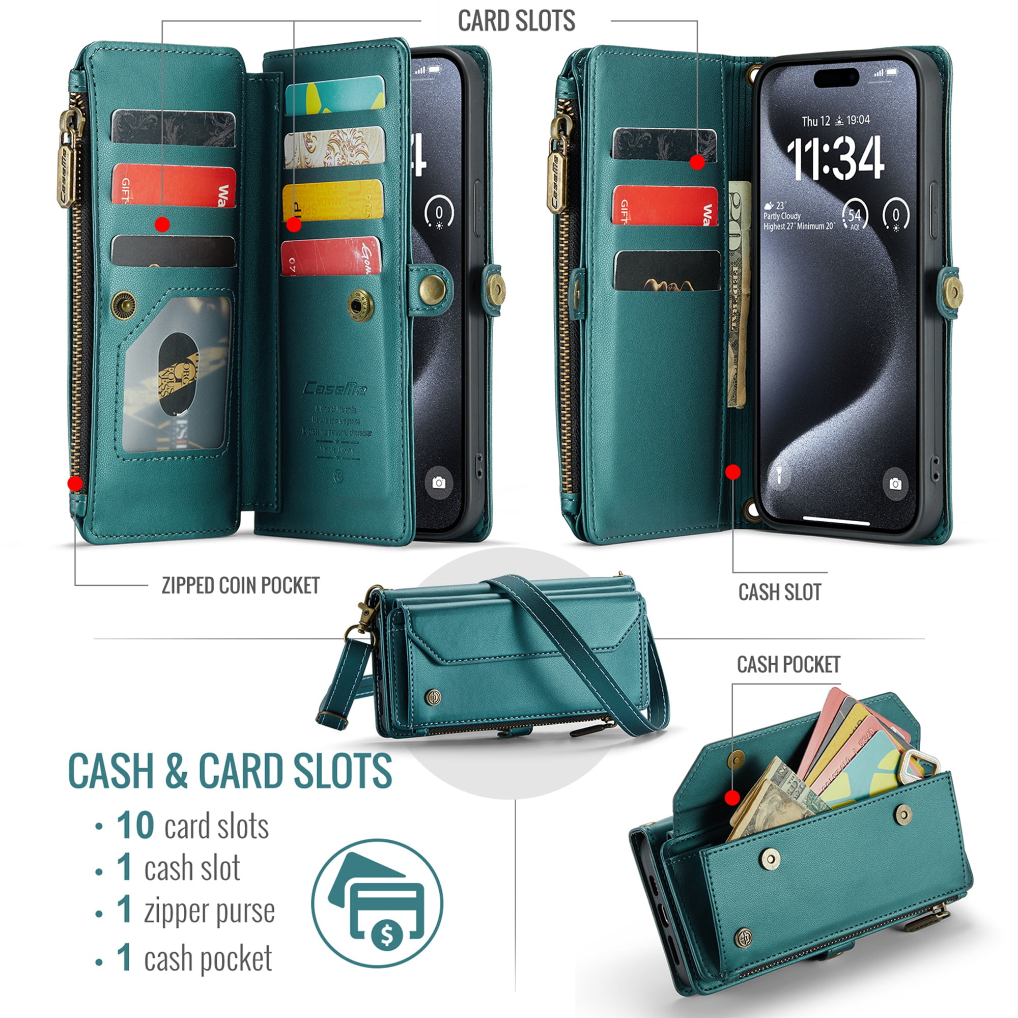 Dteck Crossbody Wallet Case for iPhone 16 RFID Blocking 10-Card Holder Soft PU Leather Magnetic Snap Shoulder Strap Zipper Pocket Phone Case Fit for iPhone 16,Green