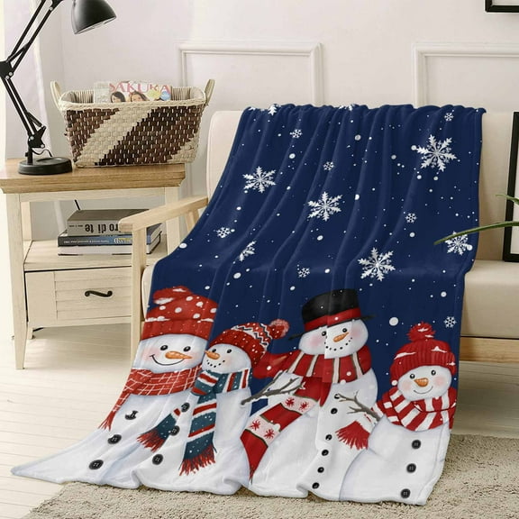 Snowman Snowflakes Throw Flannel Blanket 40x60In Christmas Striped Scarf Winter Navy Blue Super Soft Cozy Bed Blanket, Lightweight Plush Fuzzy Bed Throw for Bedroom Sofa Couch Living Room