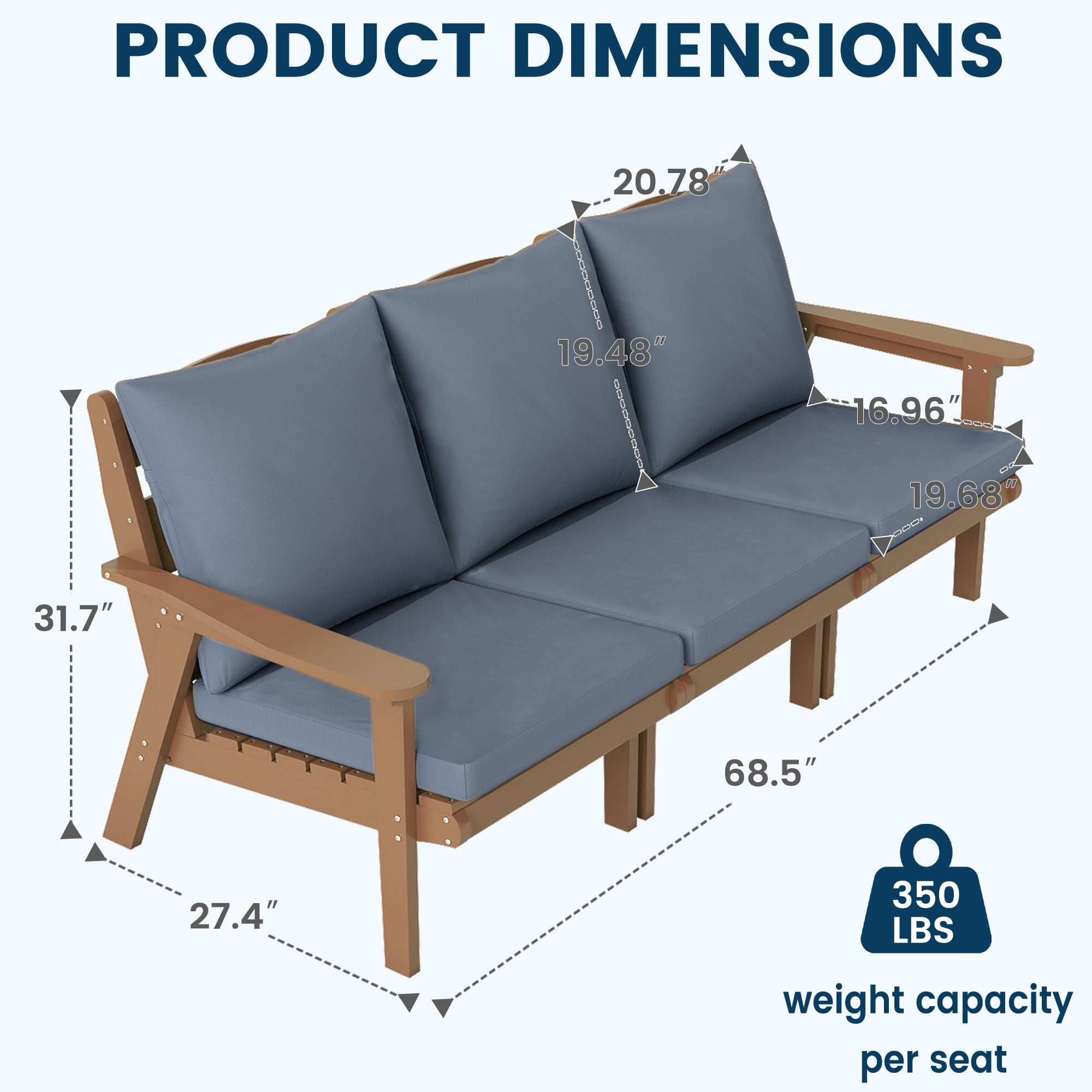 FOOWIN 7-Piece Patio Furniture Set, HDPE Outdoor Conversation Set with 5 Seating & Cushions, Perfect Patio Sofa Set for Garden, Porch, Backyard, Teak Frame with Grey Cushion