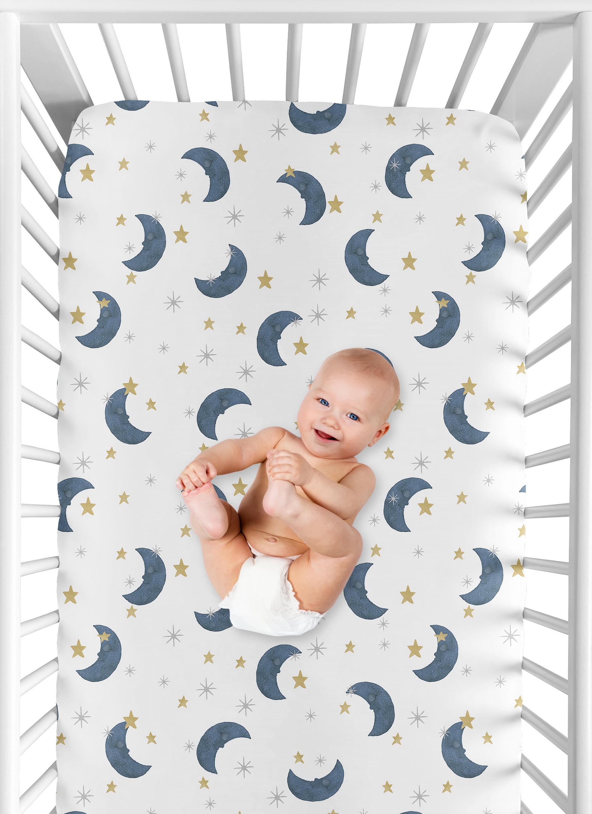 Sweet Jojo Designs Moon Bear Blue and Gold Fitted Crib Sheet