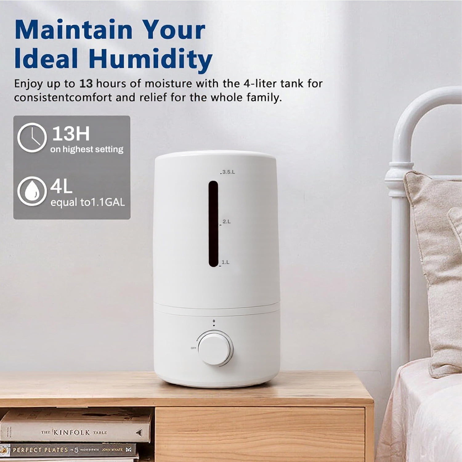 BN-LINK Humidifiers for Bedroom, 4L Water Tank and Stepless Adjustment, Quiet Cool Mist with 360°Nozzle, for Home, Plants, Indoor