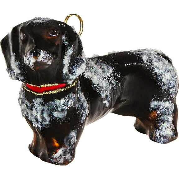 Snowy Black Dachshund Polish Glass Christmas Dog Ornament