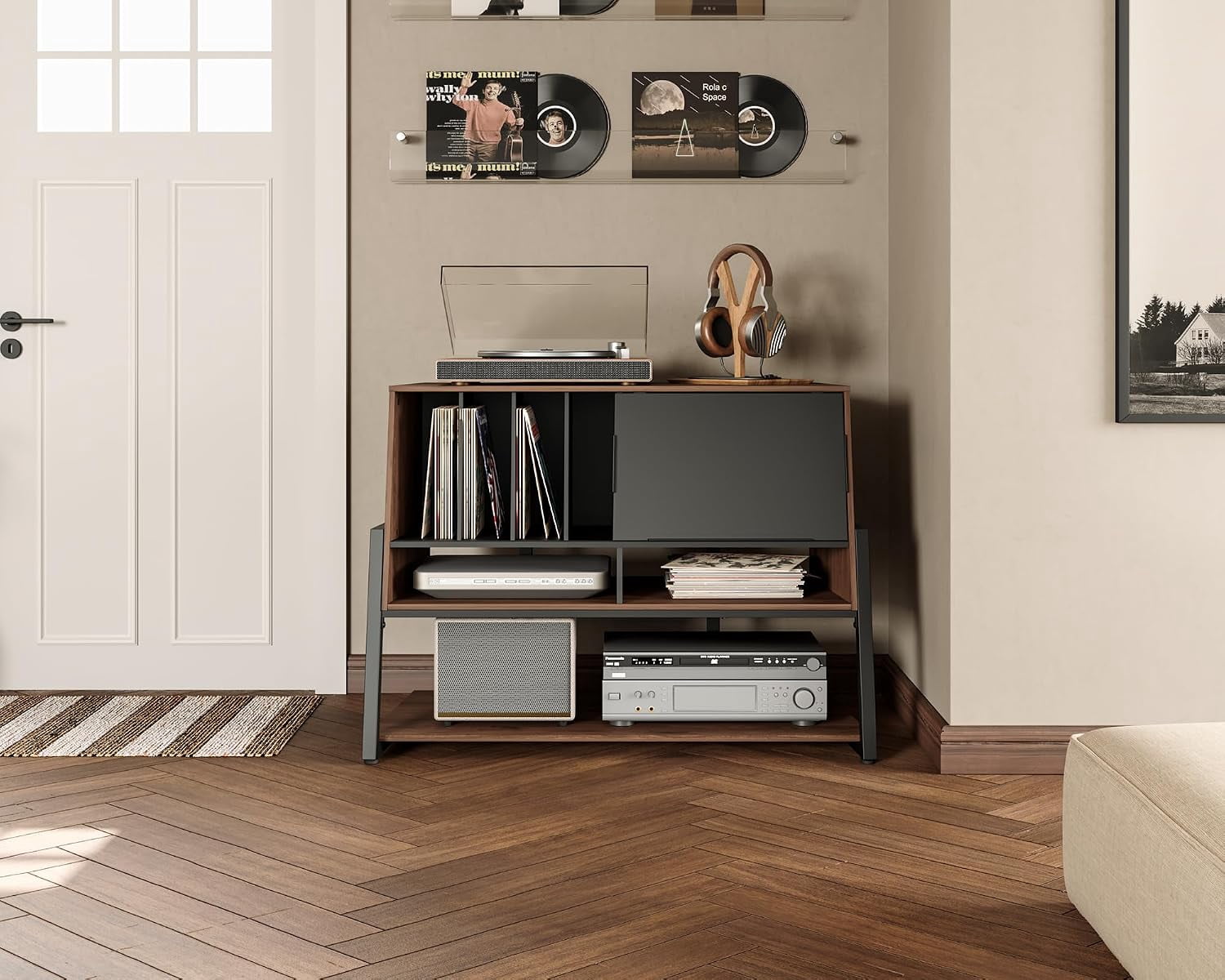 FITUEYES Eiffel Record Player Stand with Vinyl Record Storage, Holds 120 Records, Walnut