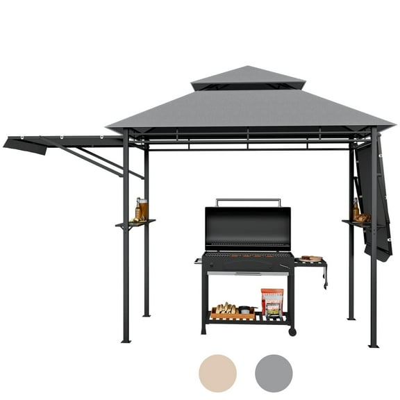 13.5x4 Ft Heavy Duty Grill Shelter with Adjustable Dual Side Awnings, Double Tiered BBQ Gazebo with Ventilated Canopy & Storage Shelves, Fire Resistant CPAI-84 Certified, Gray