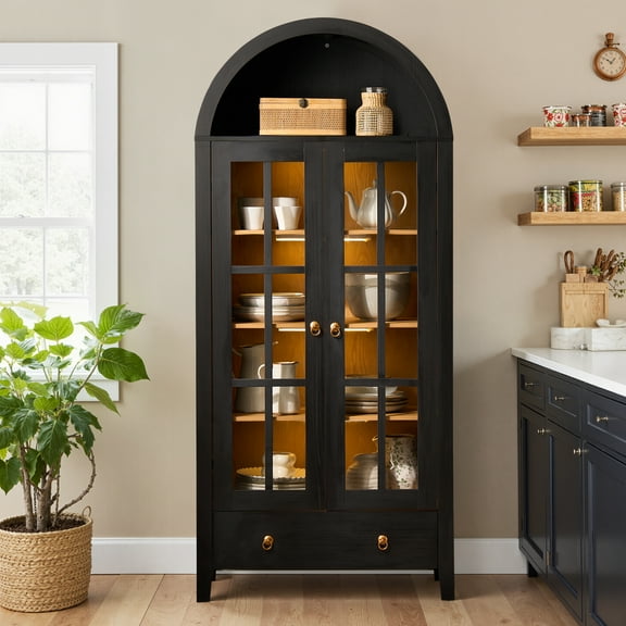 Vcatnet 70.8" Arched Kitchen Pantry Storage Cabinet, Tall Wood Storage Cabinet with Doors and Shelves for Dining Room, Living Room and Bedroom, Black