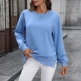 thumbnail image 5 of WTOBBY Women's Button Hem Slit Hoodie, Solid Color Casual Pullover, Long Sleeve Round Neck Top with Side Vent Design and Modern Street Style,Blue M, 5 of 8