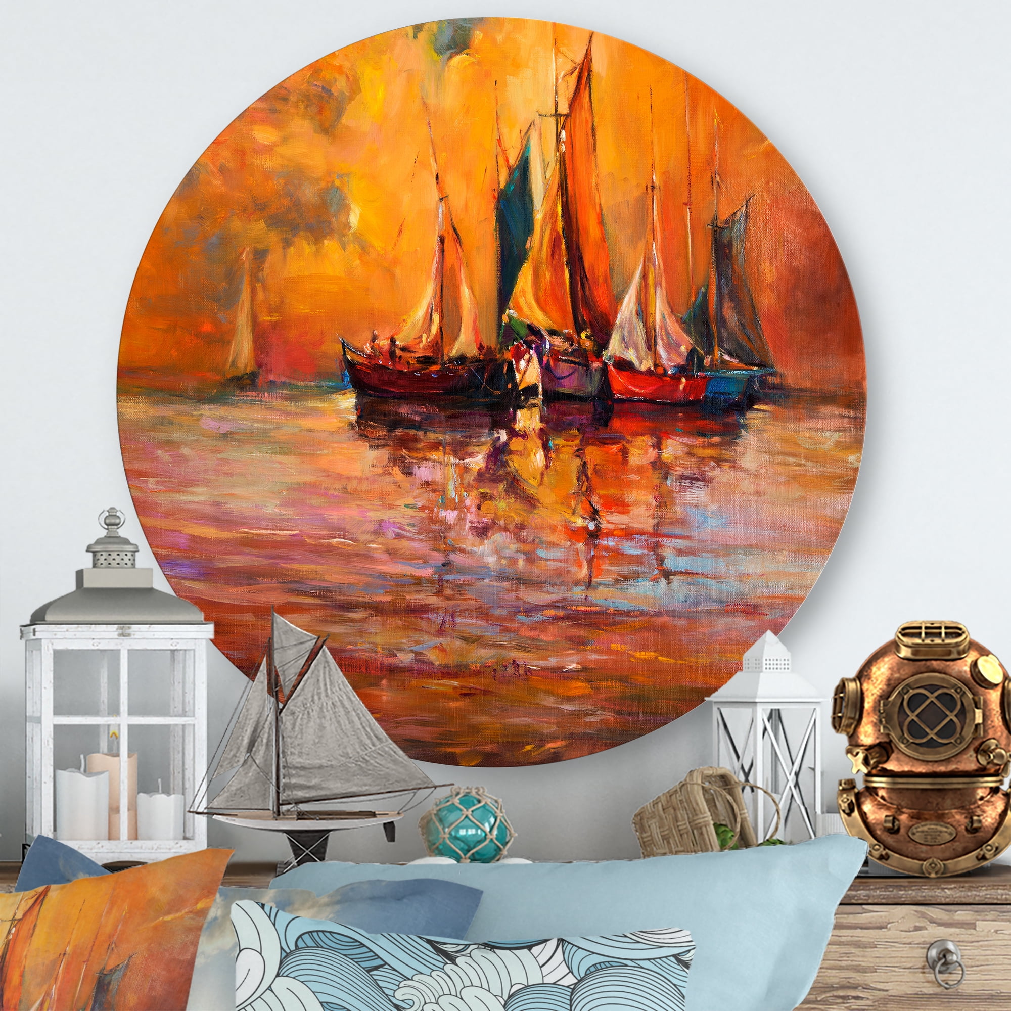 Boats During Evening Sunset In The Ocean I 11 in x 11 in Painting Art Prints, by Designart