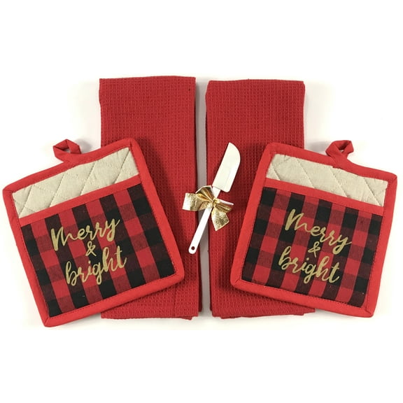Merry Bright Christmas Holiday Kitchen Gift Set: Two Red Hand Dish Towels, Two Matching Red Black Check Pot Holders