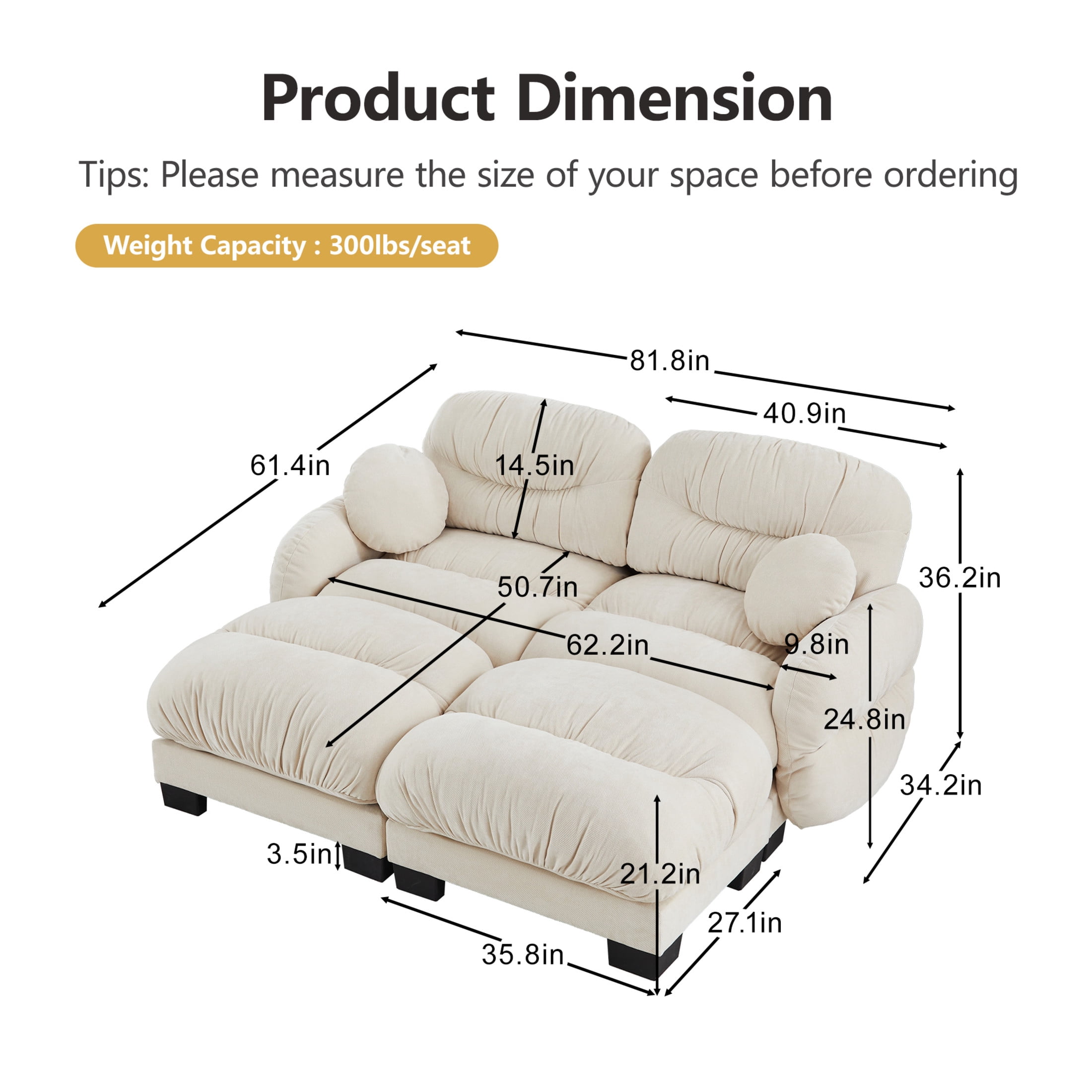 Noble House Corlan Pleated Chenille 2-Seater Sectional Sofa, Modular Deep Seat Couch with 2 Ottomans and Throw Pillows, Beige