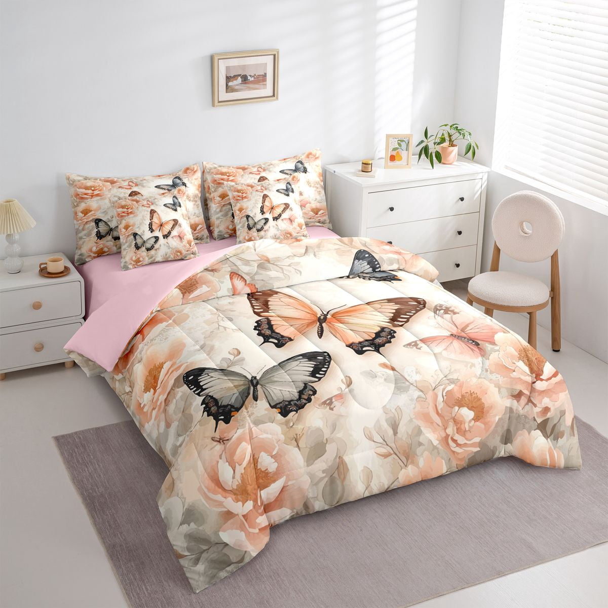 Homewish Flying Butterflies 7-Piece Twin Bedding Sets For Female Teens Adults,Floral Blossoms Bedding Comforter Set,Spring Garden Breathable Sheet Sets,Super Cozy Room Decor,Reversible