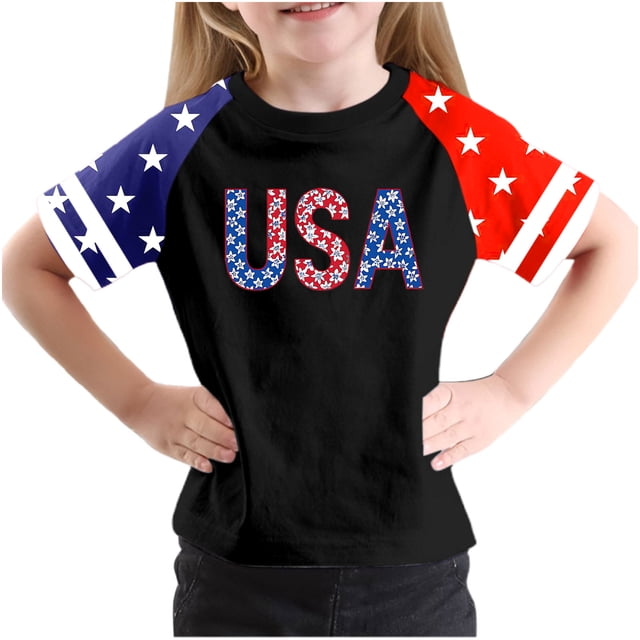 T-Shirt à Manches Courtes pour la Fête de l'Indépendance pour Garçons et Filles Tout-Petits, Mélange Doux de Polyester-Spandex, Col Rond, Imprimé Coloré, Port Toutes Saisons, Lavable à la Main