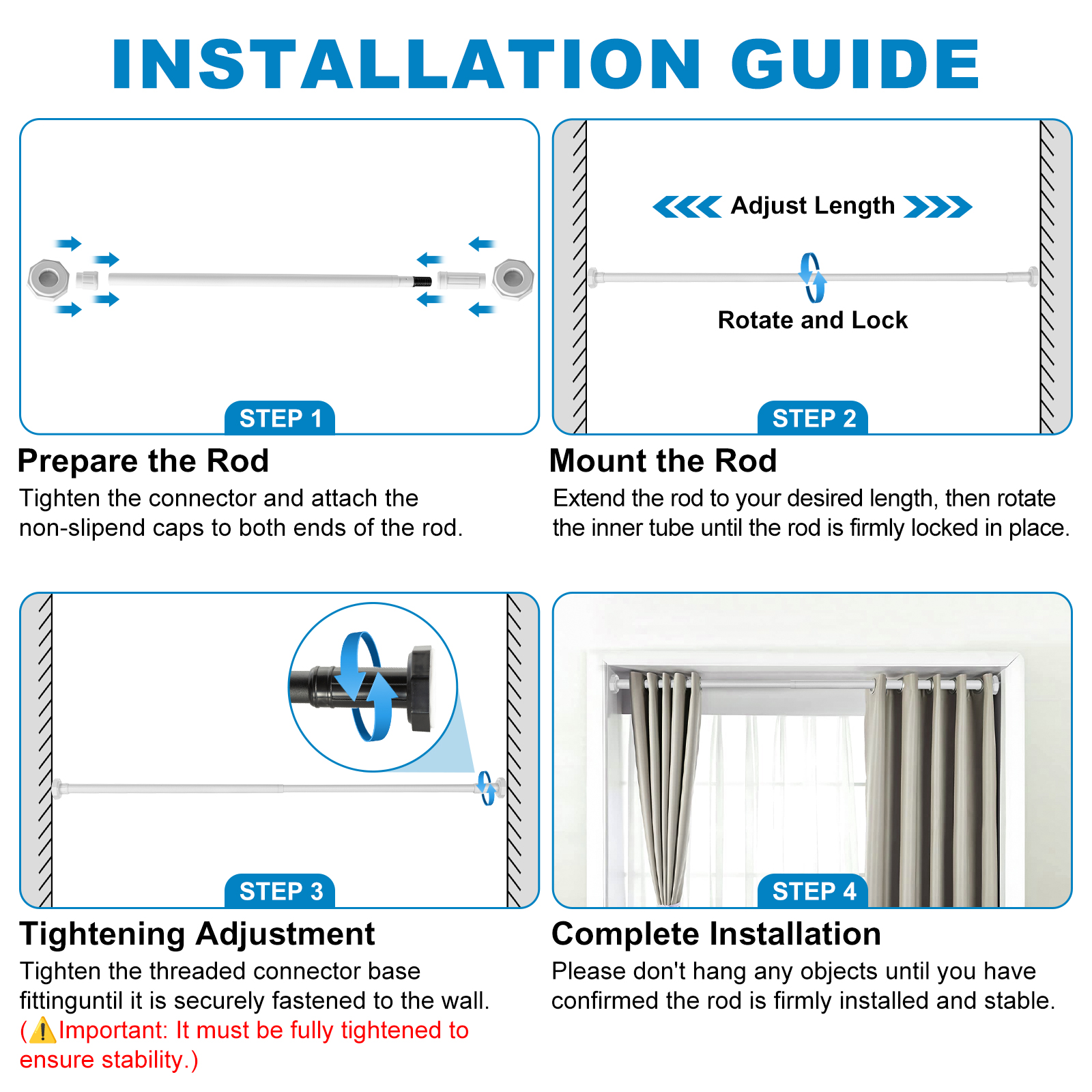 BEAMNOVA No Drill Telescopic Shower Curtain Rods, 44"-75" Adjustable Tension Rod, Rust-Resistant Stainless Steel for Windows Bathroom, White (1 Pack)