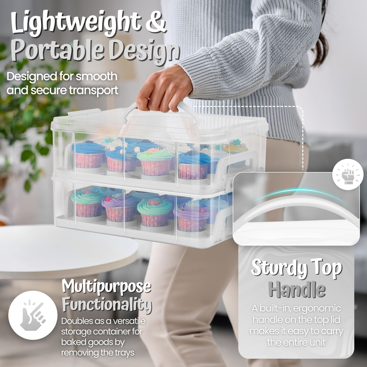 Cupcake Carrier Holder Container Box (24 Slot, 2 Tier) - 24 Cupcakes Slot or 2 Large Cakes Pastry Clear Plastic Storage Basket Taker Courier with 2 Tier Stackable Layer Insert (Clear)