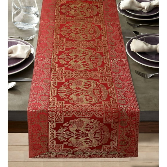 DK Homewares Traditional Indian Birthday Party Coffee Table Decor Brocade Table Cloth Red Gold 60 Inches Long Jacquard Elephant 5 Foot Table Runner ( 150 X 40 Cm )