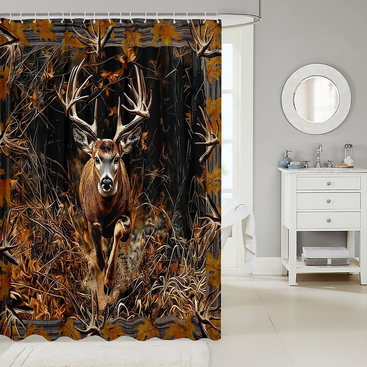 Deer Hunting Camo Bathroom Shower Curtain Sets,Hunter Shower Curtain Rustic Trees Leaves Country Bathroom Accessories Deer Fabric Shower Curtain Bath Curtain 72"Wx78"L