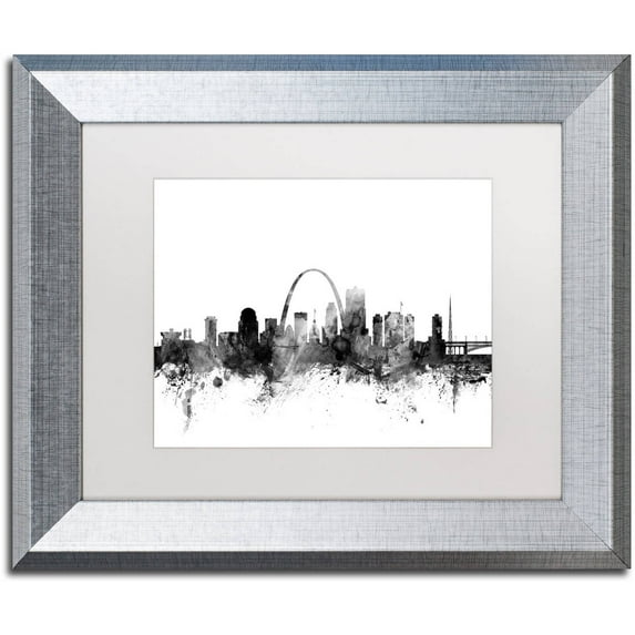 Trademark Fine Art "St Louis Missouri Skyline B&W" Canvas Art by Michael Tompsett, White Matte, Silver Frame