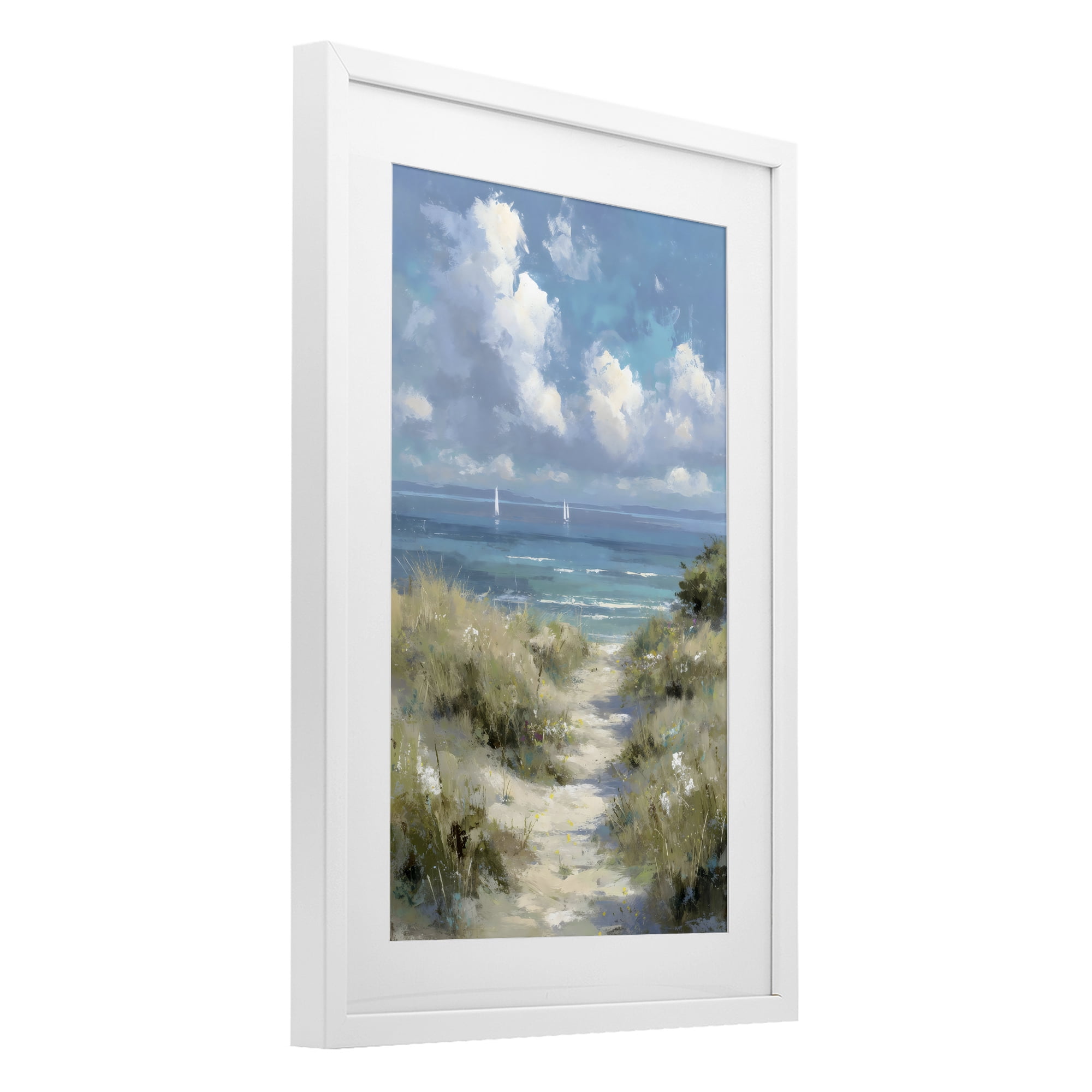 Stupell Industries Impressionist Clouds over Beach Path White Framed Print Under Glass, design by Petal Prints Design