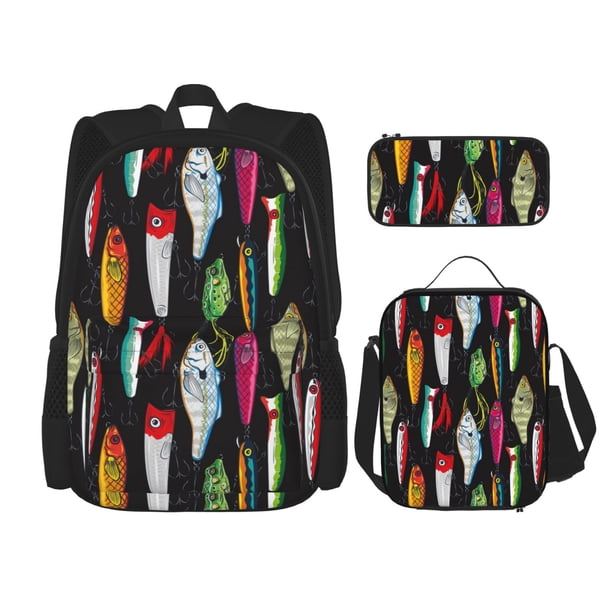Balery Colorful Fishing Lures Mochila Escolar 3 en 1 para Niños - Mochila Resistente con Lonchera Térmica y Estuche - Mochila Escolar para Niños y Niñas