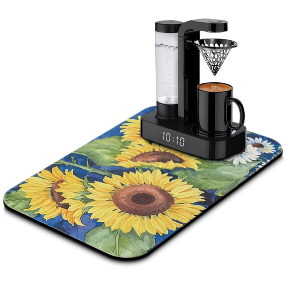 Washable Rubber Sunflower Cute Floral Dish Drying Mats for Kitchen Counter Home Large Coffee Bar Pad Accessories and Decor for Utensils Stemware 19.5''x12''