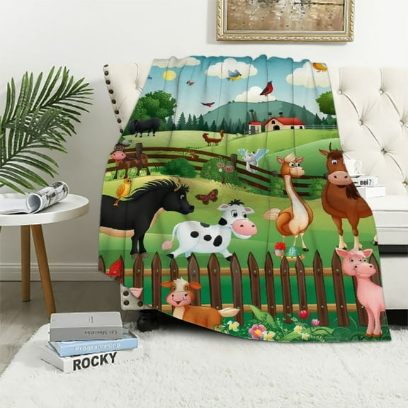 BCIIG Farm Animal Throw Blanket Cute Farm Animal Blanket for Kids Soft Flannel Farm Dog Pig Lamb Hen Horse Cow Blankets Fluffy Fleece Cartoon Animal Blanket for Toddler Child Girl Boy Gifts