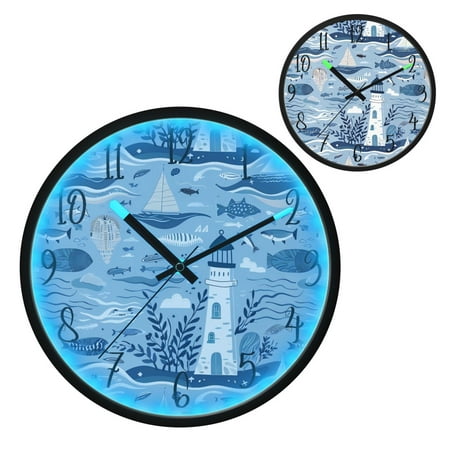 Voice Controlled Luminous Clock LED Night Light 12 Inch Silent Wall Clock Suitable for Bedroom and Living Room Home Decoration Seaside Lighthouse