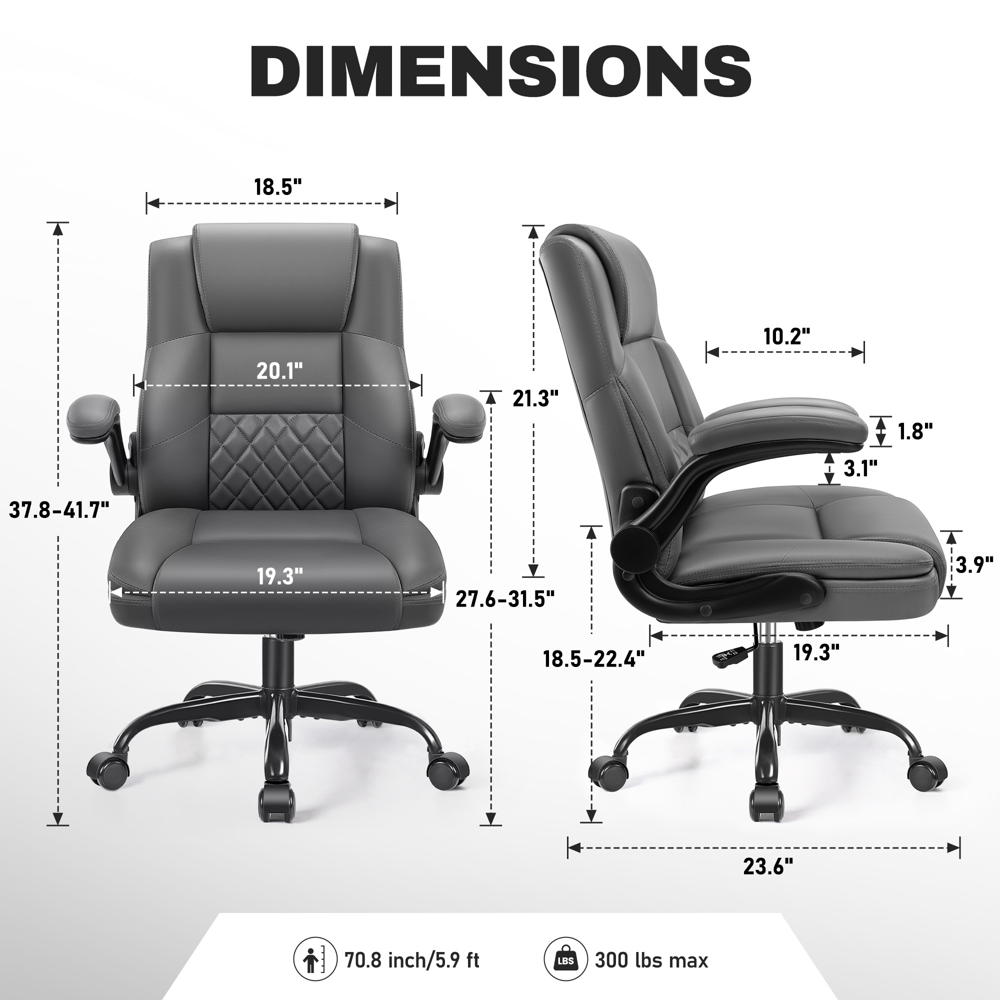 COOLHUT Office Chair, Executive Leather Chair Home Office Desk Chairs, Computer Chair with Adjustable Flip-up Padded Arms, Lumbar Support Swivel Desk Chair with Adjustable Hight and Tilt, Dark Gray