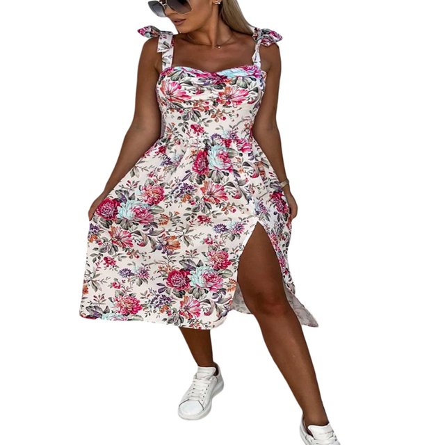 POINTERTECK Robe Sans Manches Florale avec Bandage Bretelles Spaghetti et Design Split pour Femmes