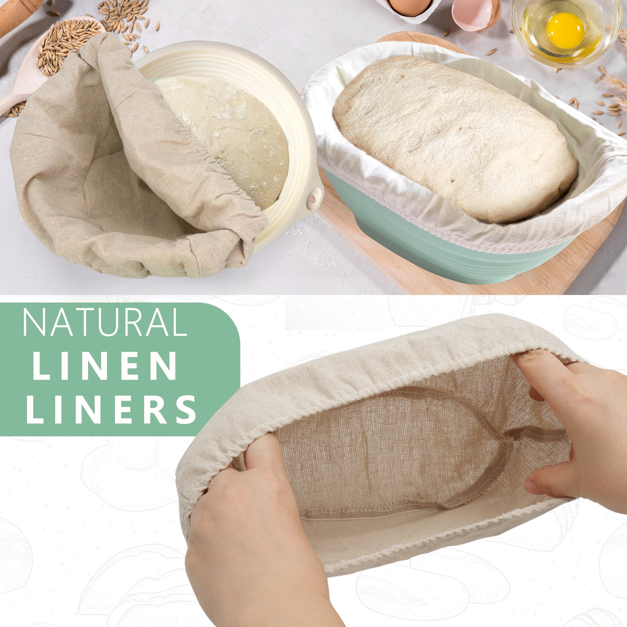 Livease Silicone Bread Banneton Proofing Basket Sets w/Liners & Baking Mats, Sourdough Starter Kit