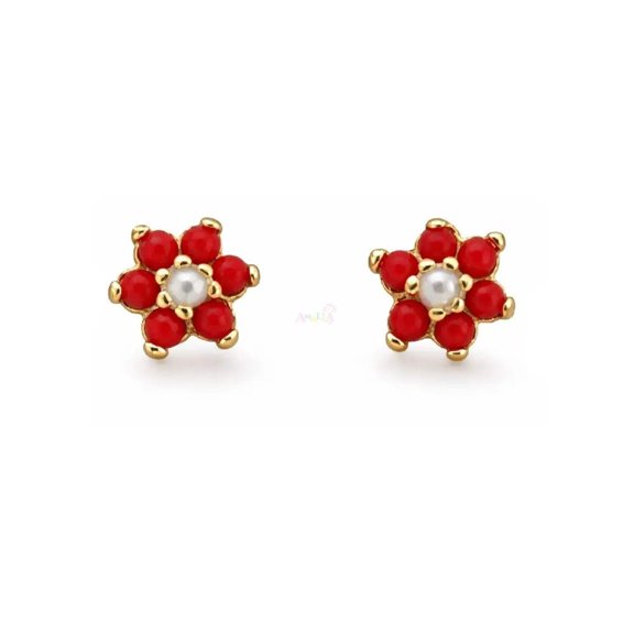 18K Yellow Solid Gold Small Coral and Pearl Earrings with covered screwback Earrings 5mm