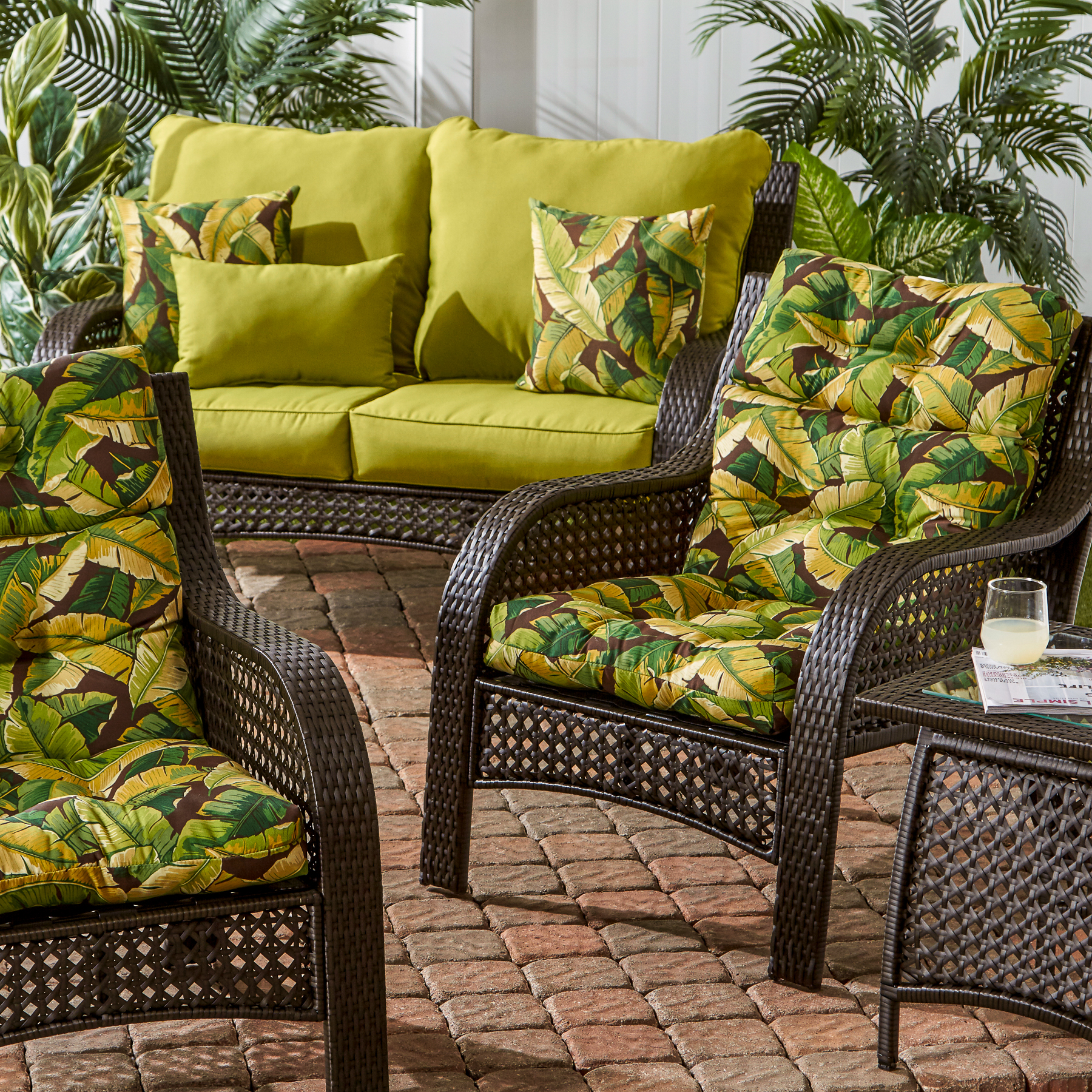 Palm Leaves Green Outdoor High Back Chair Cushion