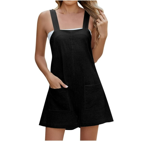 biudgviw Women's Summer Casual Rompers Sleeveless Square Neck Adjustable Strap Wide Leg Jumpsuits Loose Overall Shorts with Pockets