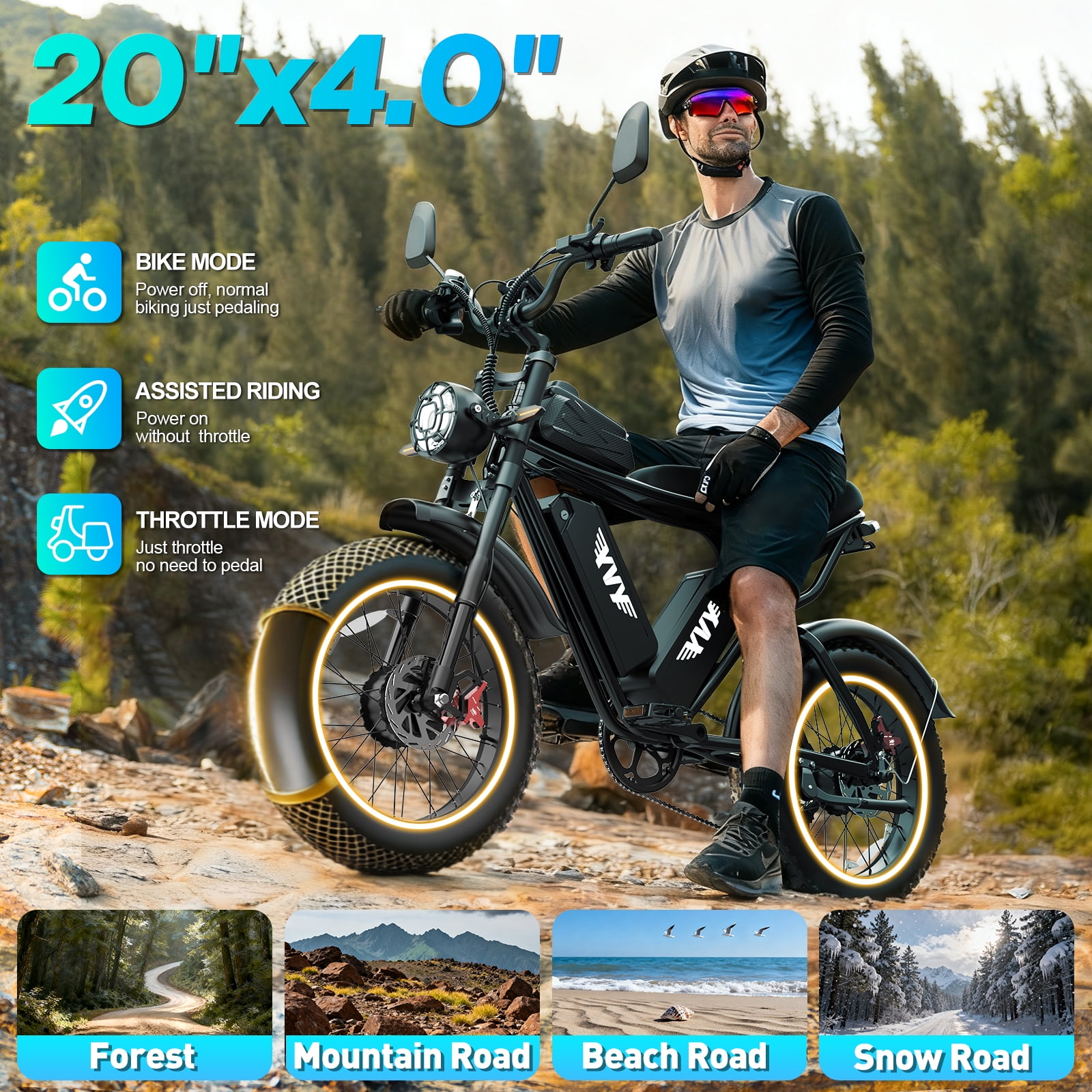 Dual Motor Electric Bike for Adults, Peak 3000W 52V 40AH Dual Battery,Up to 180 Miles Electric Motorcycle, 20" Fat Tire Mountain Bike UL2849