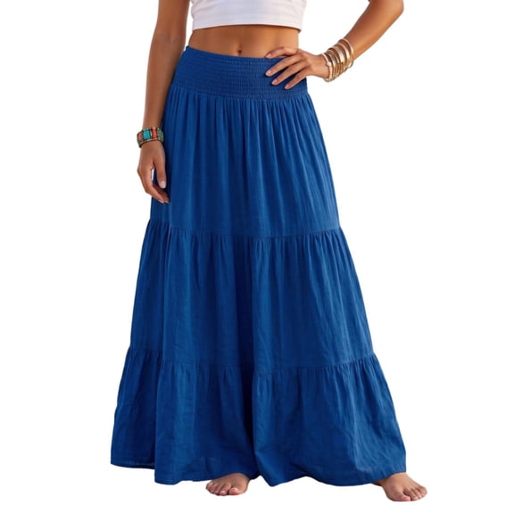 YuXingFu Cotton Linen Beach Skirt for Women Solid Color Buckle Long Skirt Boho Smocked Waist Casual Dark Blue S