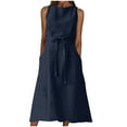 thumbnail image 2 of Meichang Cotton Linen Sleeveless Dresses for Women 2024 Solid Boat Neck Midi Dresses Plus Size Loose Fit Drawstring Waisted Dresses with Pockets Casual Long Dresses Dark Blue XL, 2 of 6