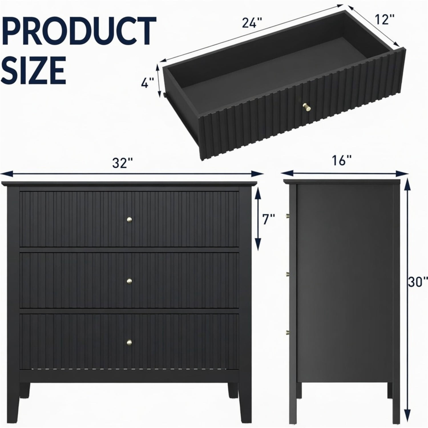 Hommoo 32"W Wooden Fluted 3-Drawer Nightstand, Large Modern Bedroom End Table, Black