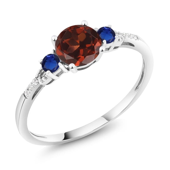 Gem Stone King 10K White Gold Red Garnet Blue Created Sapphire and White Diamond Accent 3-Stone Engagement Ring for Women (1.14 Cttw, Round 6MM, Gemstone January Birthstone, Size 9)