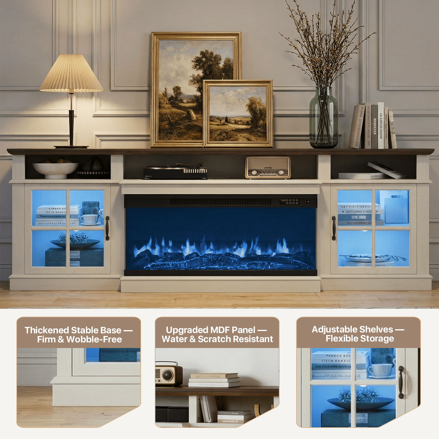 BaPiPro 80" Farmhouse Fireplace TV Stand for TVs Up to 90", Entertainment Center with 3-Sided 36" Electric Fireplace & LED Lights, 2 Drawers & 2 Storage Cabinet, White
