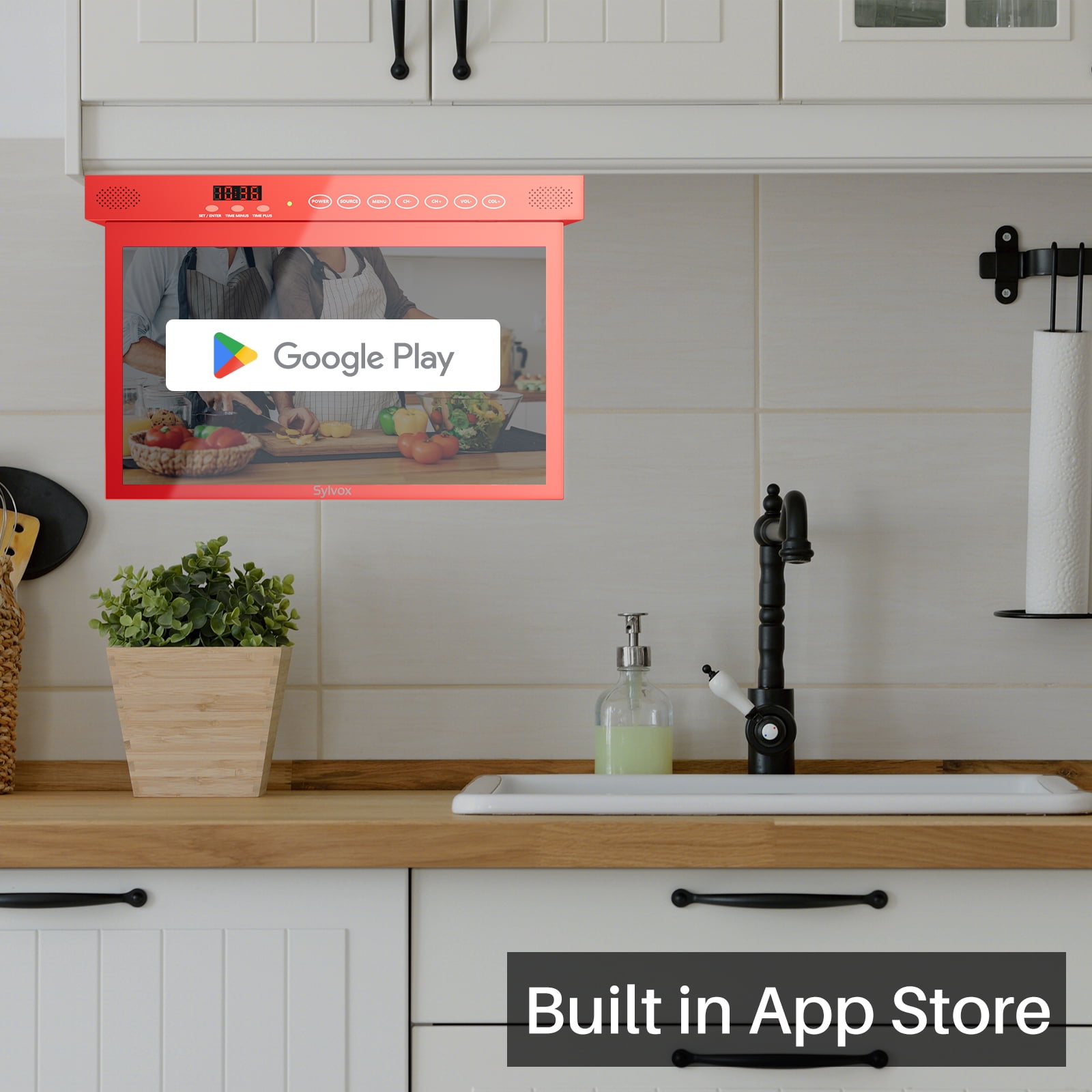 Sylvox 15.6” Under Cabinet Smart TV ,Rotated Folded,1080P 12V Google Television for Kitchen,Google Assistant,Chromecast,Wireless Connectivity,Red