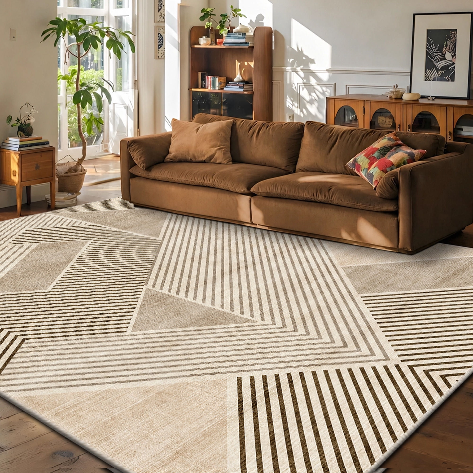 Pentantan 5'x7' Area Rugs for Living Room, Machine Washable Modern Stripe Neutral Rug, Non Slip Low Pile Waterproof Indoor Carpet for Bedroom Dining Room Office, Easy to Clean, Brown