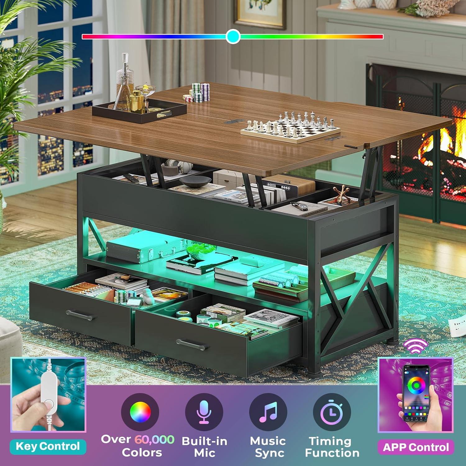 40" Lift Top Coffee Table, 4 in 1 Multifunctional Coffee Tables with Storage for Living Room, Small Coffee Table with 2 Drawers & LED Light for Dining Room, Black & Brown