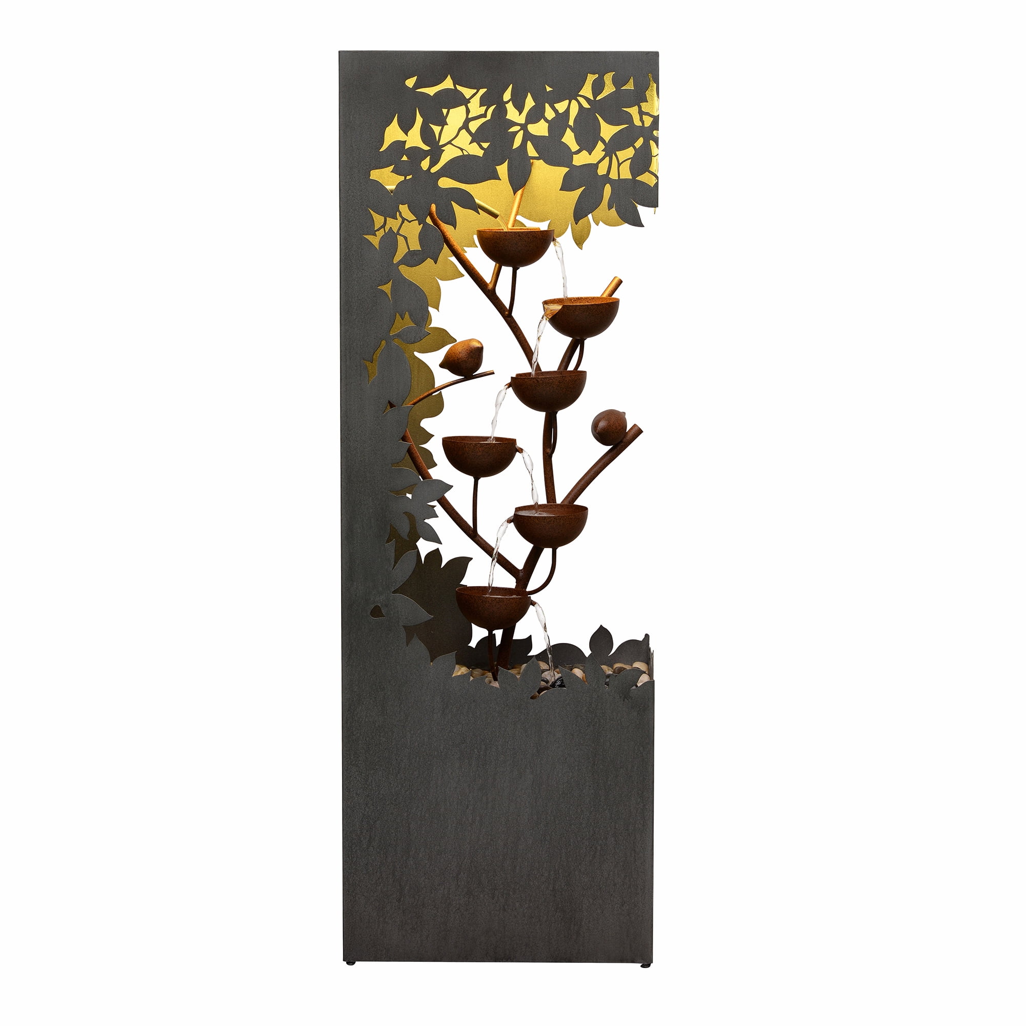 Gray Metal Flower Bowl Outdoor Fountain with Warm White LED Lighting - Outdoor