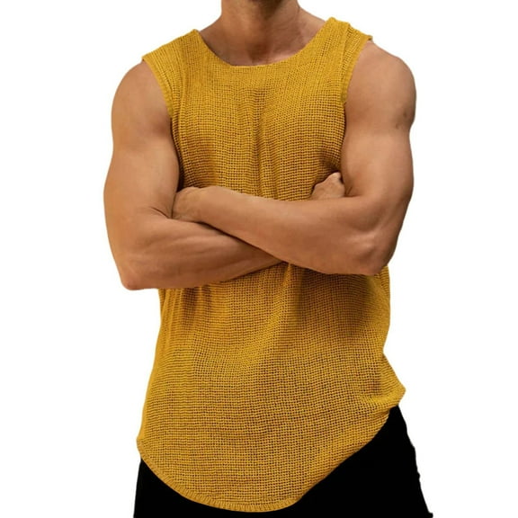 Chbgutlmr Men Shirts Round Neck Sleeveless Fitted Curved Hem Solid Color Breathable Athletic Casual Tops