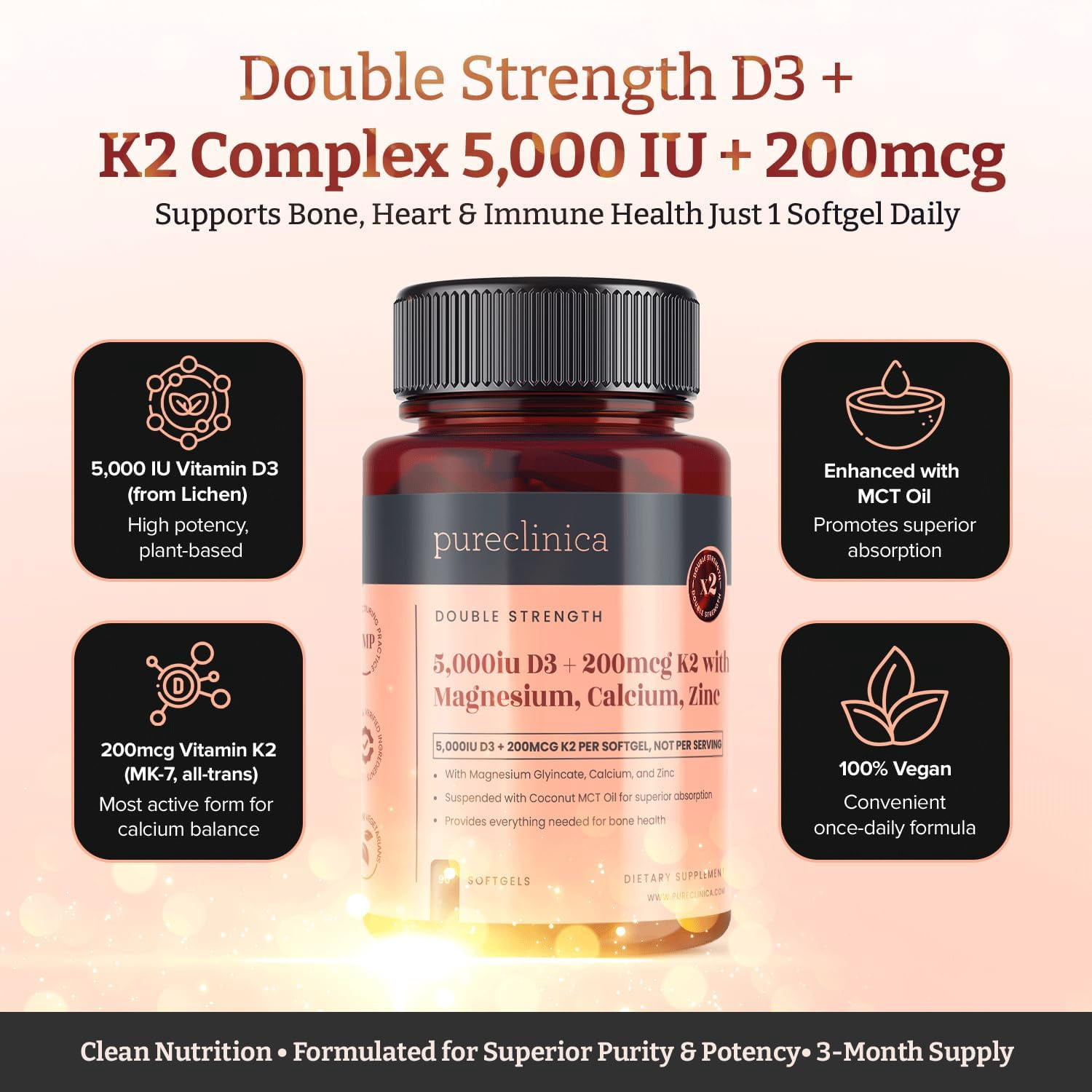 Pureclinica Double Strength D3 + K2 Complex – 5000 IU Vitamin D3 + 100mcg K2 with Magnesium, Calcium & Zinc – Vegan Softgels – 90 Count (3-Month Supply)