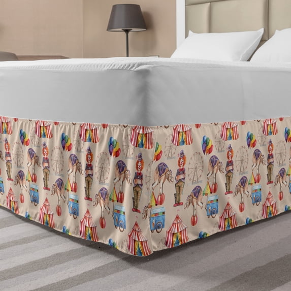 Ferris Wheel Bed Skirt, Childish Watercolor Art of Circus Elephant Tent Clown and Balloons, Elastic Bedskirt Dust Ruffle Wrap Around for Bedding Decor, 4 Sizes, Pale Peach Multicolor, by Ambesonne