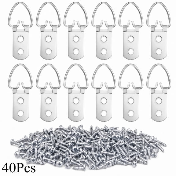 40 Pack Heavy Duty D-Ring Picture Hanging Hooks with 80 Matching Screws, Double Hole Metal Mirror Hangers for Photo Frames, Paintings, Clocks, Artwork & Wall Mirrors