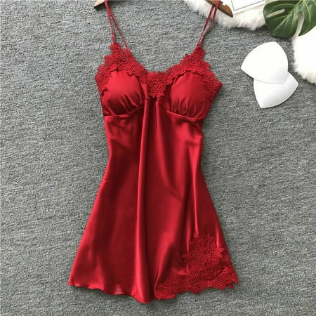 Puloru Women Nightwear Babydoll Sleepwear Summer Sexy Lace Satin Sleep Dress