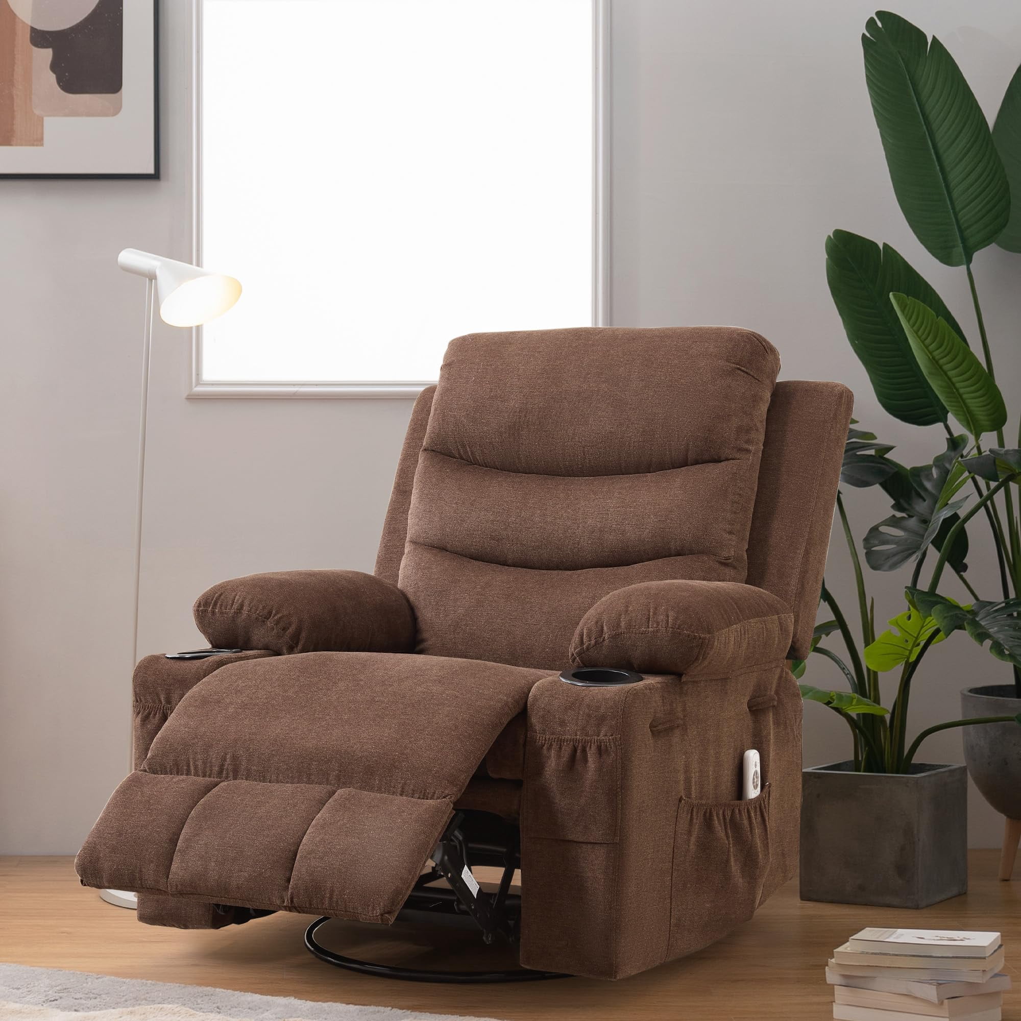 Recliner Chair Nursery, Oversized Manual Reclining Rocking Chair, 360 Swivel Glider with Cup Holder, Massage and Heat Recliner, Indoor Small Single Sofa Chairs for Adults RV Bedroom, Beige/Grey/Brown