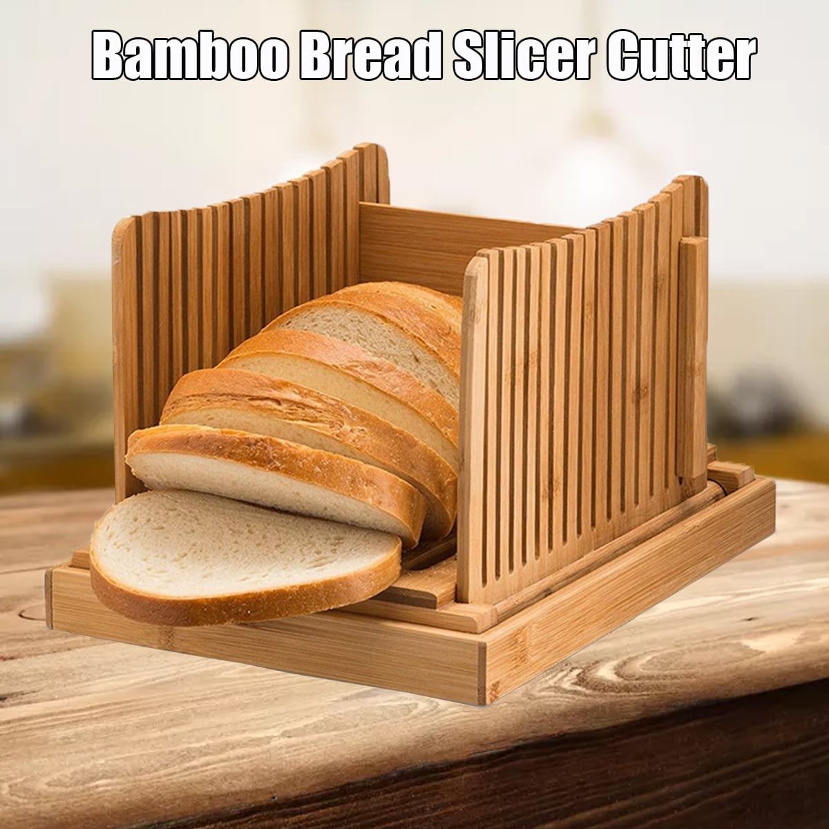 Purenjoy Bamboo Wood Foldable Bread Slicer Compact Bread Slicing Guide with Crumb Catcher Tray for Homemade Bread Thickness Adjustable