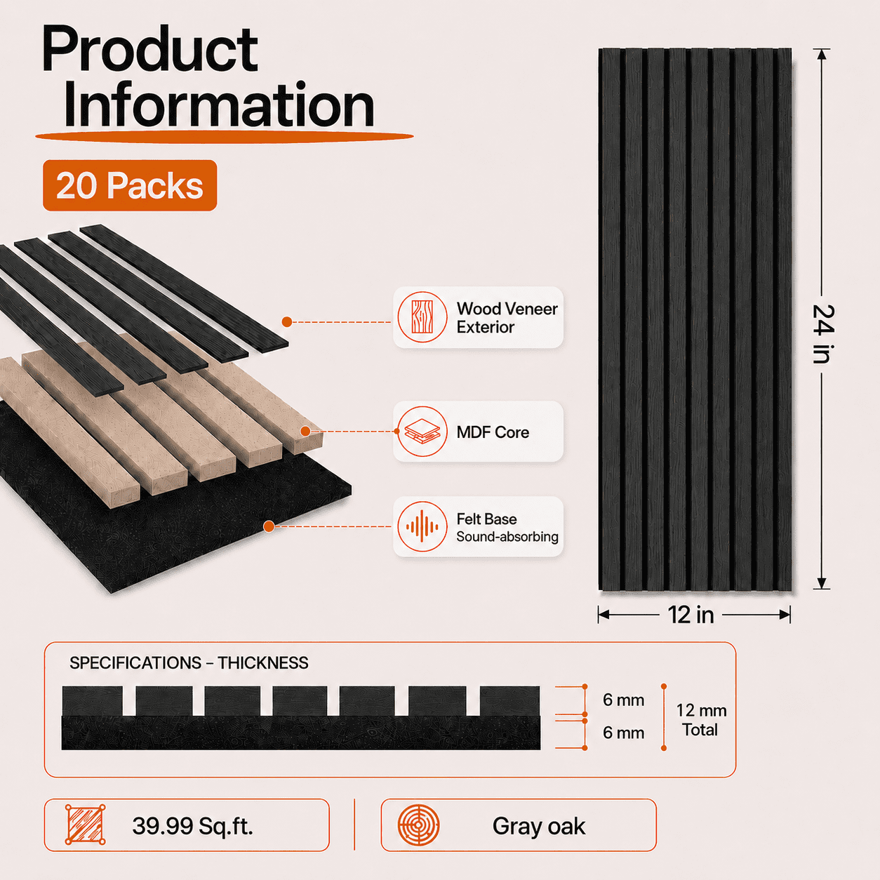 20-Pack Wood Slat Acoustic Wall Panels, 24" x 12" MDF Slat Wall Paneling for Modern Interior Wall Decor, Sound Absorbing Accent Panels, 39.99 Sq. Ft., Gray Oak